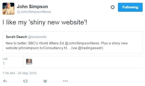 John Simpson appears to tweet about his "shiny" new website