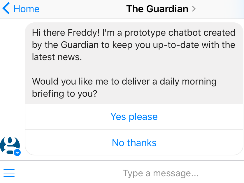 The Guardian news chatbot greeting