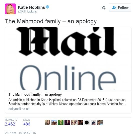 Katie Hopkins tweets out the Mahmood family apology at 2am