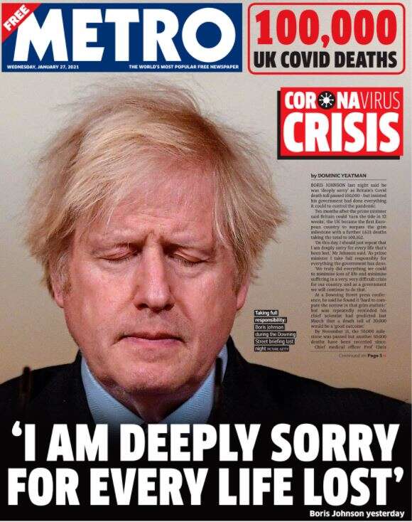 Boris Johnson's apology covered by the Metro