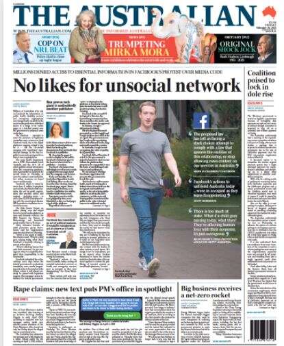 Facebook Australia news ban: The Australian front page
