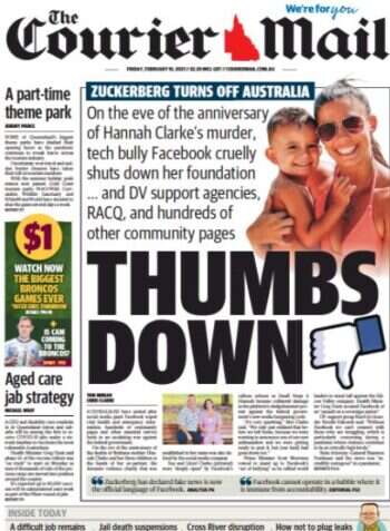 Facebook Australia news ban: Courier Mail front page gives tech giant thumbs down