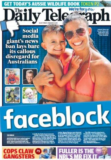 Facebook Australia news ban: Daily Telegraoph front page