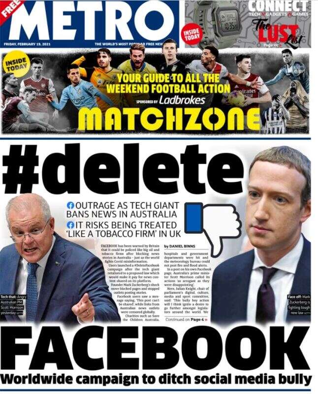 Facebook Australia news ban: Metro front page